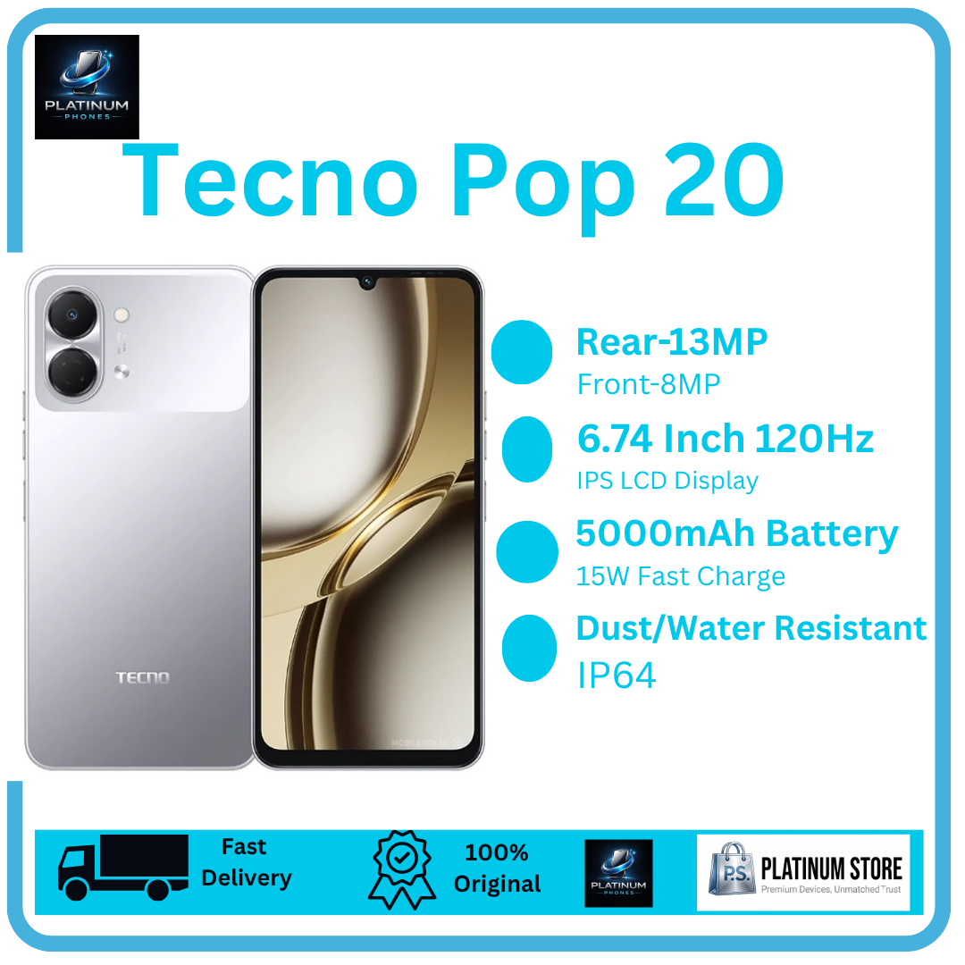 [NEW ARRIVAL] TECNO Pop 20 128GB+8(4+4)GB 6.74" IPS LCD 120Hz Display 13MP Rear Camera 5000mAh Battery 15W Fast Charging IP64 Dual SIM Fingerprint Unlock Smart AI Smartphone