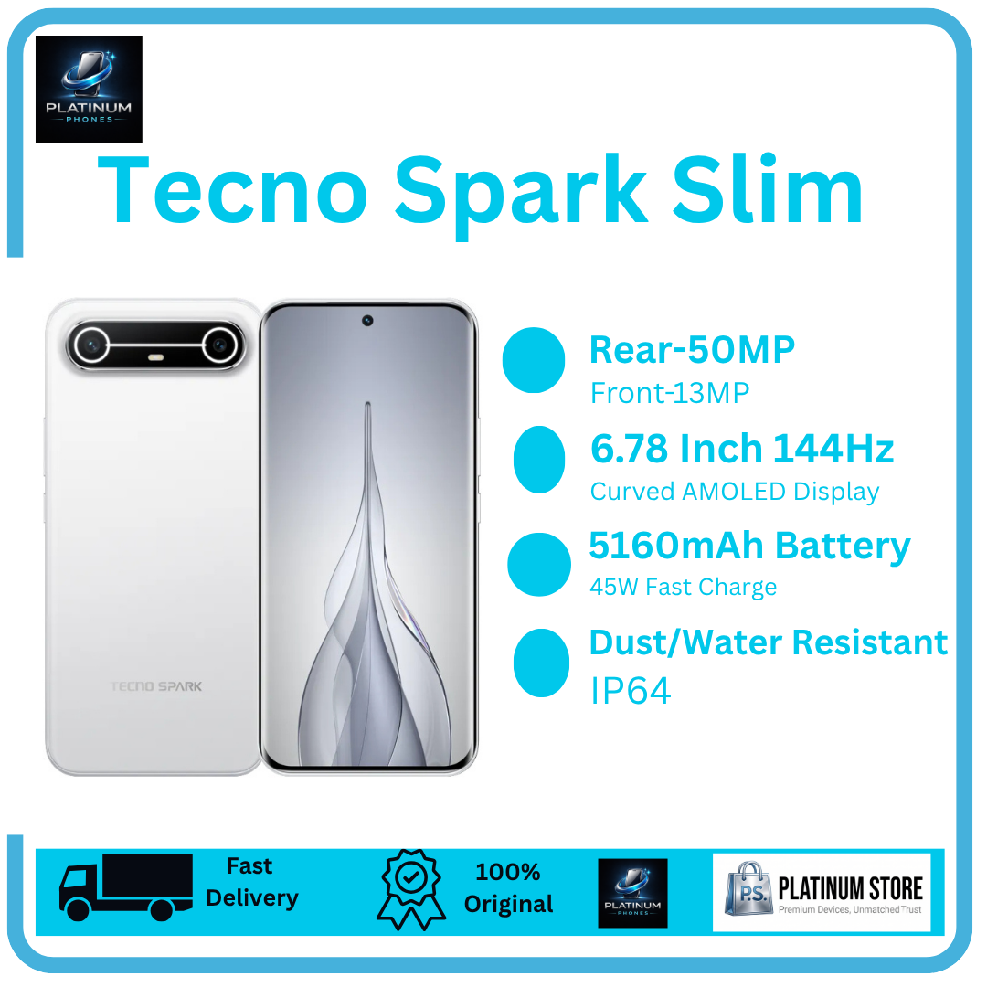[Anniversary Offer] TECNO Spark Slim 256GB+16(8+8)GB 6.78" Curved AMOLED 144Hz Display 50MP Camera Rear Camera 5160mAh Battery 45W Fast Charging Under-Display Fingerprint Dual SIM IP64 Smartphone