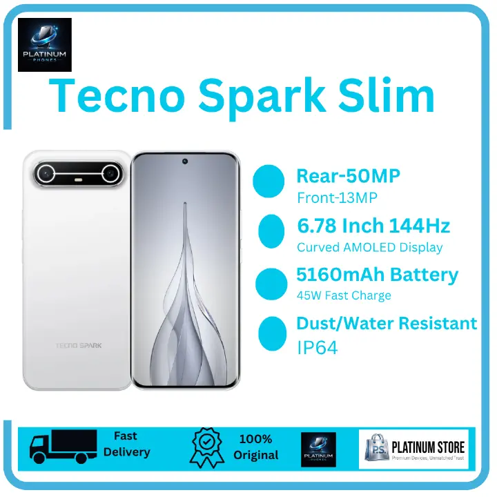 [Anniversary Offer] TECNO Spark Slim 256GB+16(8+8)GB 6.78" Curved AMOLED 144Hz Display 50MP Camera Rear Camera 5160mAh Battery 45W Fast Charging Under-Display Fingerprint Dual SIM IP64 Smartphone