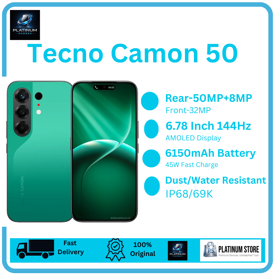 [Anniversary Offer] TECNO Camon 50 256GB+16(8+8)GB 6.78" 144Hz AMOLED Display 50MP+8MP Rear Camera 6150mAh Battery 45W Fast Charging Under-Display Fingerprint IP68/69K Smart TECNO AI Smartphone