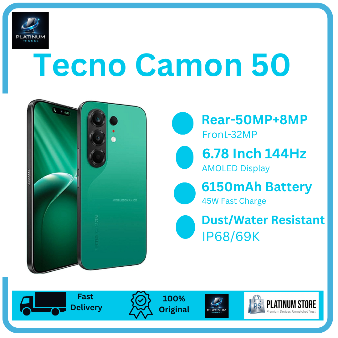 [Anniversary Offer] TECNO Camon 50 256GB+16(8+8)GB 6.78" 144Hz AMOLED Display 50MP+8MP Rear Camera 6150mAh Battery 45W Fast Charging Under-Display Fingerprint IP68/69K Smart TECNO AI Smartphone