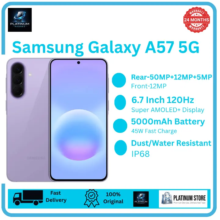 Samsung Galaxy A57 5G 256GB+16(8+8)GB Super AMOLED+ Display 6.7" (50+12+5)MP Super Clear-Camera 5000mAh Battery 45W Fast Charging Dual e-SIM Support Under-Display Fingerprint Galaxy AI Smartphone