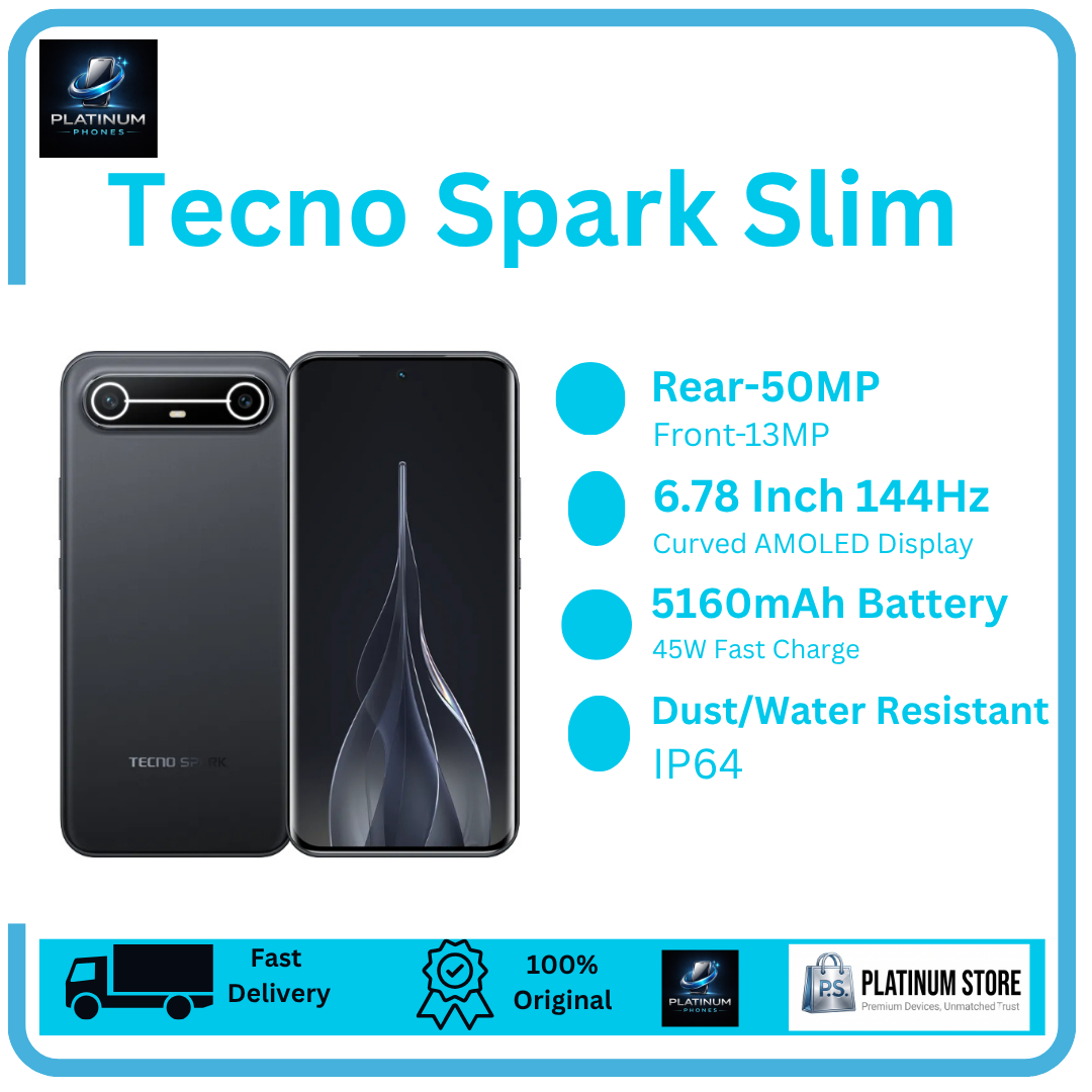 [Anniversary Offer] TECNO Spark Slim 256GB+16(8+8)GB 6.78" Curved AMOLED 144Hz Display 50MP Camera Rear Camera 5160mAh Battery 45W Fast Charging Under-Display Fingerprint Dual SIM IP64 Smartphone