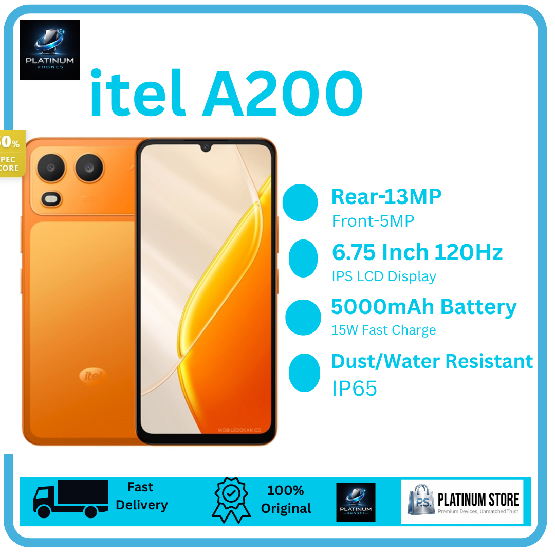 [Anniversary Offer] itel A200 128GB+4GB 6.75" IPS LCD 120Hz Display Dual SIM 13MP Rear Camera 5000mAh Battery 15W Fast Charging IP65 Rated Drop Resistant Smartphone