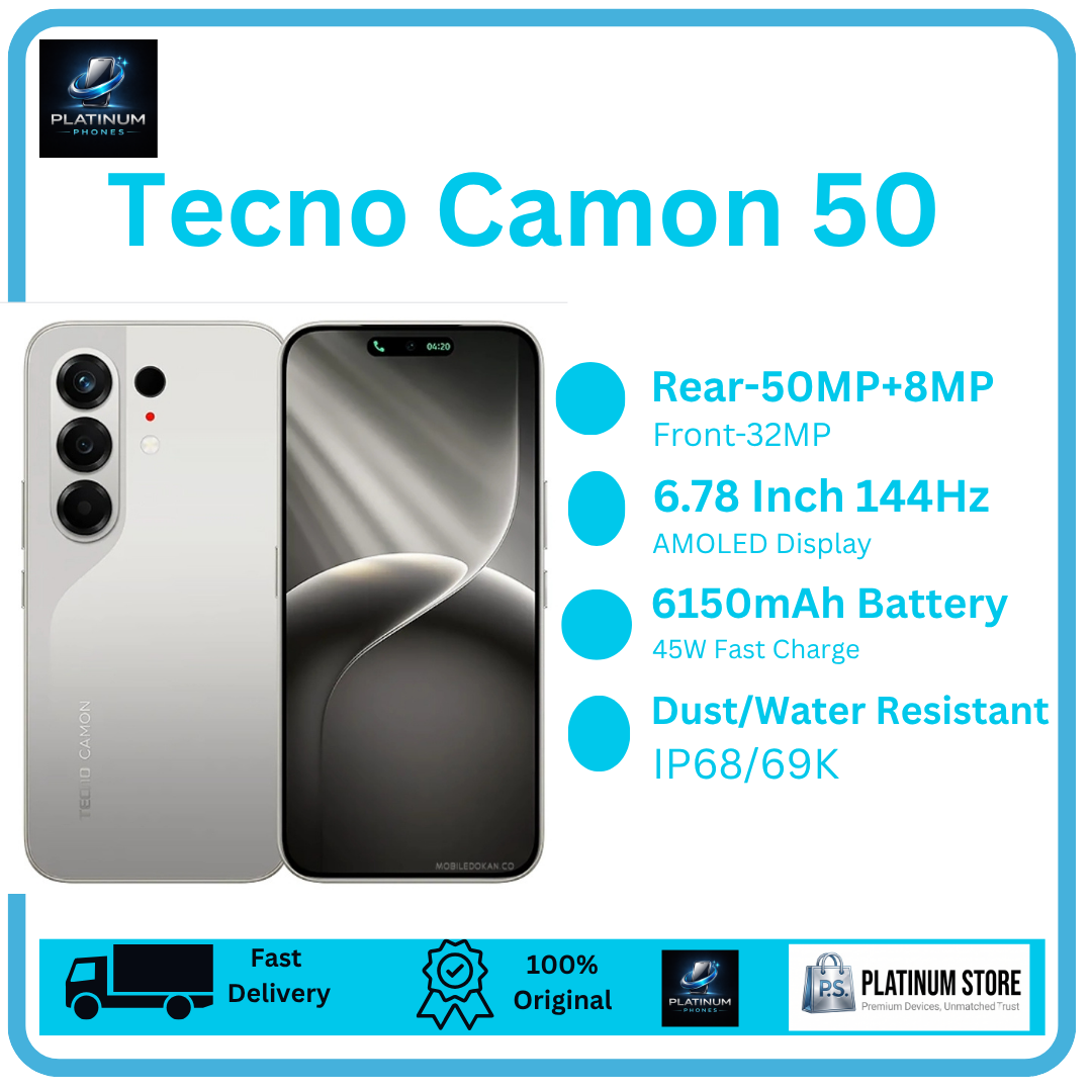 [Anniversary Offer] TECNO Camon 50 256GB+16(8+8)GB 6.78" 144Hz AMOLED Display 50MP+8MP Rear Camera 6150mAh Battery 45W Fast Charging Under-Display Fingerprint IP68/69K Smart TECNO AI Smartphone