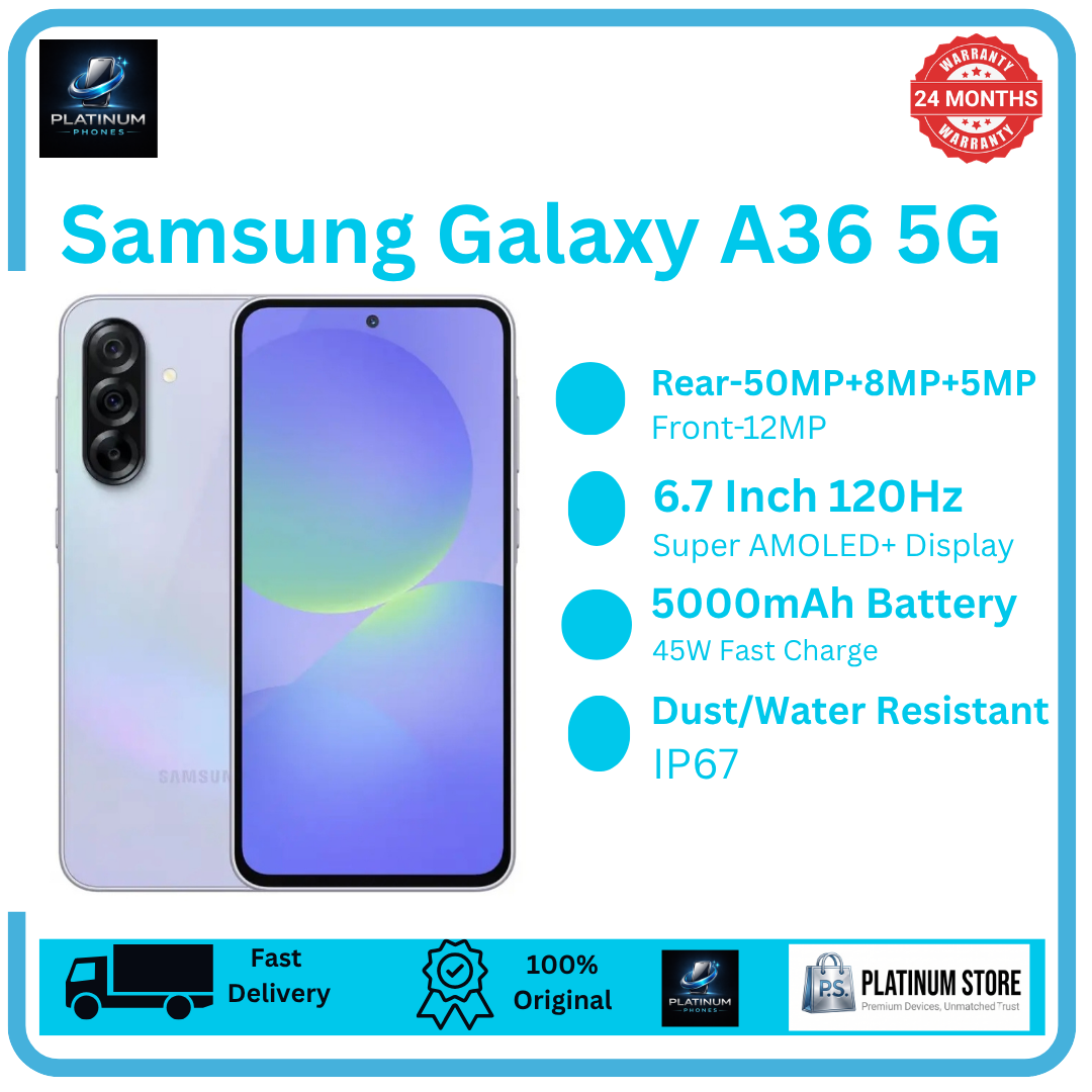 [Brand New] Samsung Galaxy A36 256GB+8GB 6.7" Super AMOLED 120Hz Display (50+8+5)MP Camera 5000mAh Battery 45W Fast Charging Dual SIM Under-Display Fingerprint IP67 Galaxy AI Smartphone