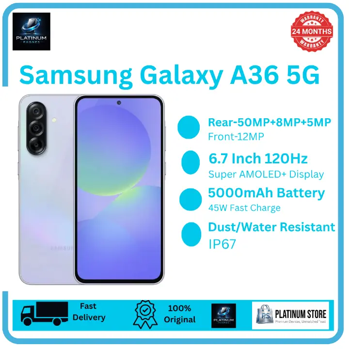 [Brand New] Samsung Galaxy A36 256GB+8GB 6.7" Super AMOLED 120Hz Display (50+8+5)MP Camera 5000mAh Battery 45W Fast Charging Dual SIM Under-Display Fingerprint IP67 Galaxy AI Smartphone
