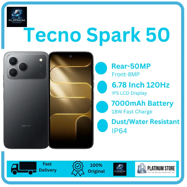 [New Arrival] Tecno Spark 50 128GB+8(4+4)GB 6.78" IPS LCD 120Hz Display 50MP Rear 8MP Selfie Camera Massive 7000mAh Battery 18W Fast Charging Android 16 Dual SIM Fingerprint Unlock Smartphone