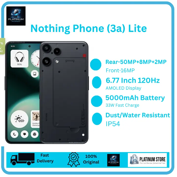 Nothing Phone (3a) Lite 256GB+8GB 6.77" AMOLED 120Hz Display 50+8+2MP Back Camera 5000mAh Battery 33W Fast Charging Dual SIM IP54 Rated Under-Display Fingerprint 16MP Selfie Smart AI Smartphone