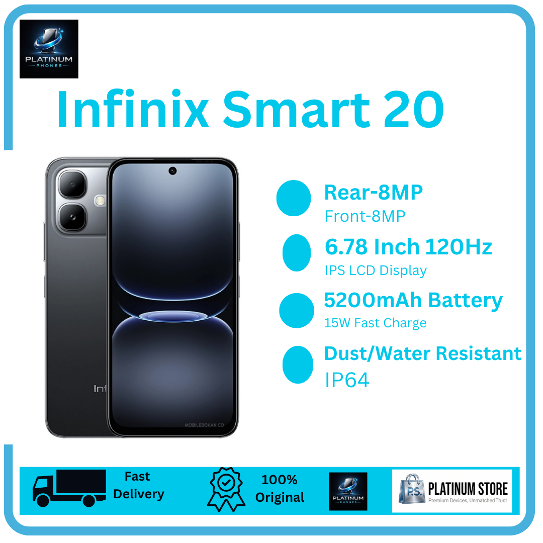 [Anniversary Offer] Infinix Smart 20 128GB+8(4+4)GB 6.78" IPS LCD 120Hz Display 8MP Camera 5200mAh Battery 15W Fast Charging Dual SIM IP64 Rated Fingerprint Unlock MTK Helio G81 Ultimate Smartphone