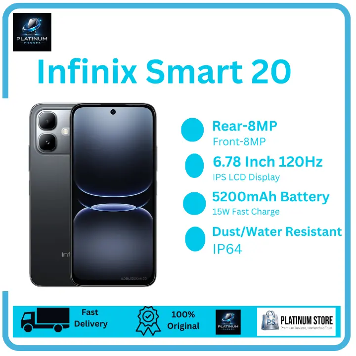[Anniversary Offer] Infinix Smart 20 128GB+8(4+4)GB 6.78" IPS LCD 120Hz Display 8MP Camera 5200mAh Battery 15W Fast Charging Dual SIM IP64 Rated Fingerprint Unlock MTK Helio G81 Ultimate Smartphone