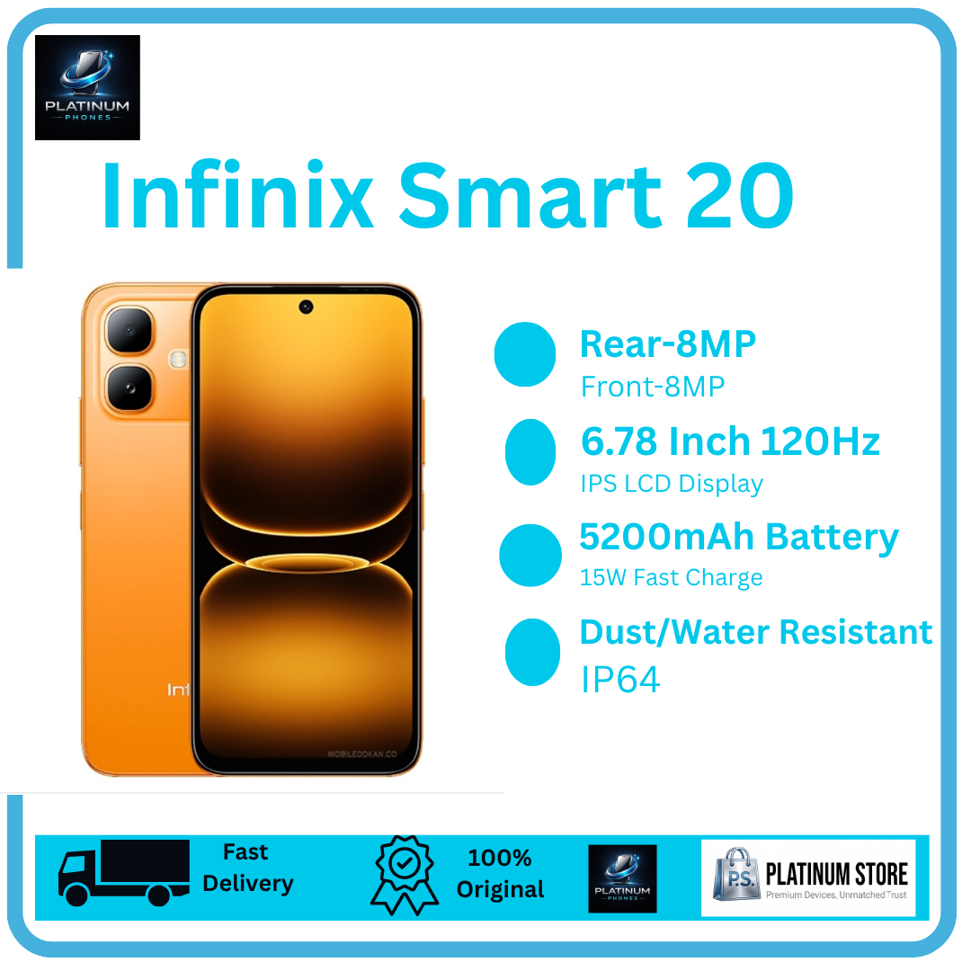 [Anniversary Offer] Infinix Smart 20 128GB+8(4+4)GB 6.78" IPS LCD 120Hz Display 8MP Camera 5200mAh Battery 15W Fast Charging Dual SIM IP64 Rated Fingerprint Unlock MTK Helio G81 Ultimate Smartphone