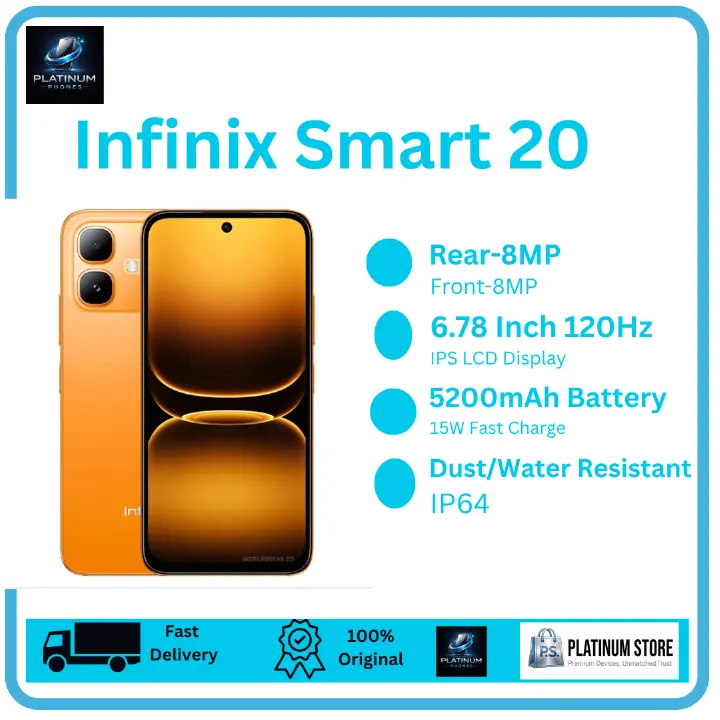 [Anniversary Offer] Infinix Smart 20 64GB+8(4+4)GB 6.78" IPS LCD 120Hz Display 8MP Camera 5200mAh Battery 15W Fast Charging Dual SIM IP64 Rated Fingerprint Unlock MTK Helio G81 Ultimate Smartphone