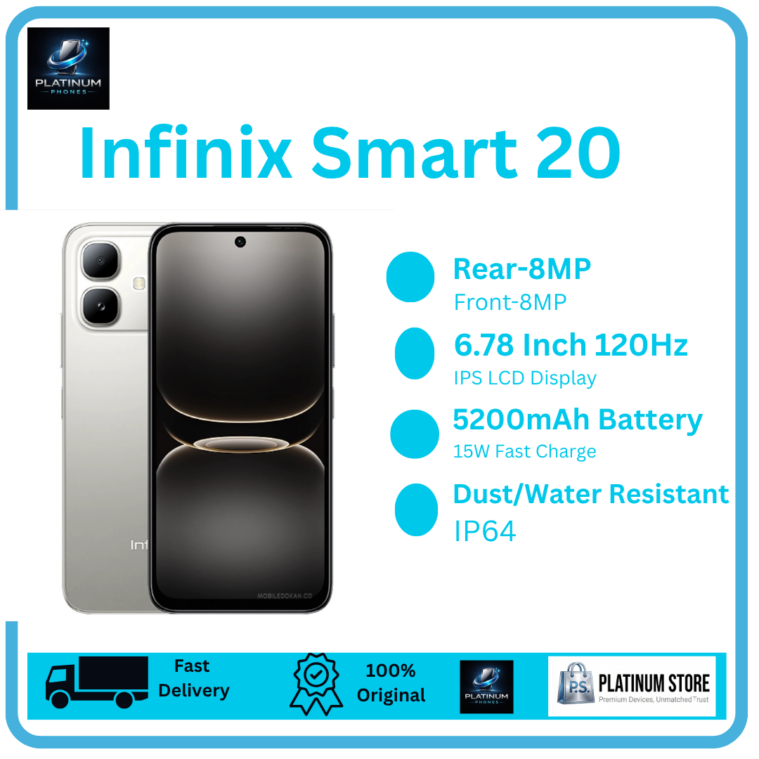 [Anniversary Offer] Infinix Smart 20 128GB+8(4+4)GB 6.78" IPS LCD 120Hz Display 8MP Camera 5200mAh Battery 15W Fast Charging Dual SIM IP64 Rated Fingerprint Unlock MTK Helio G81 Ultimate Smartphone
