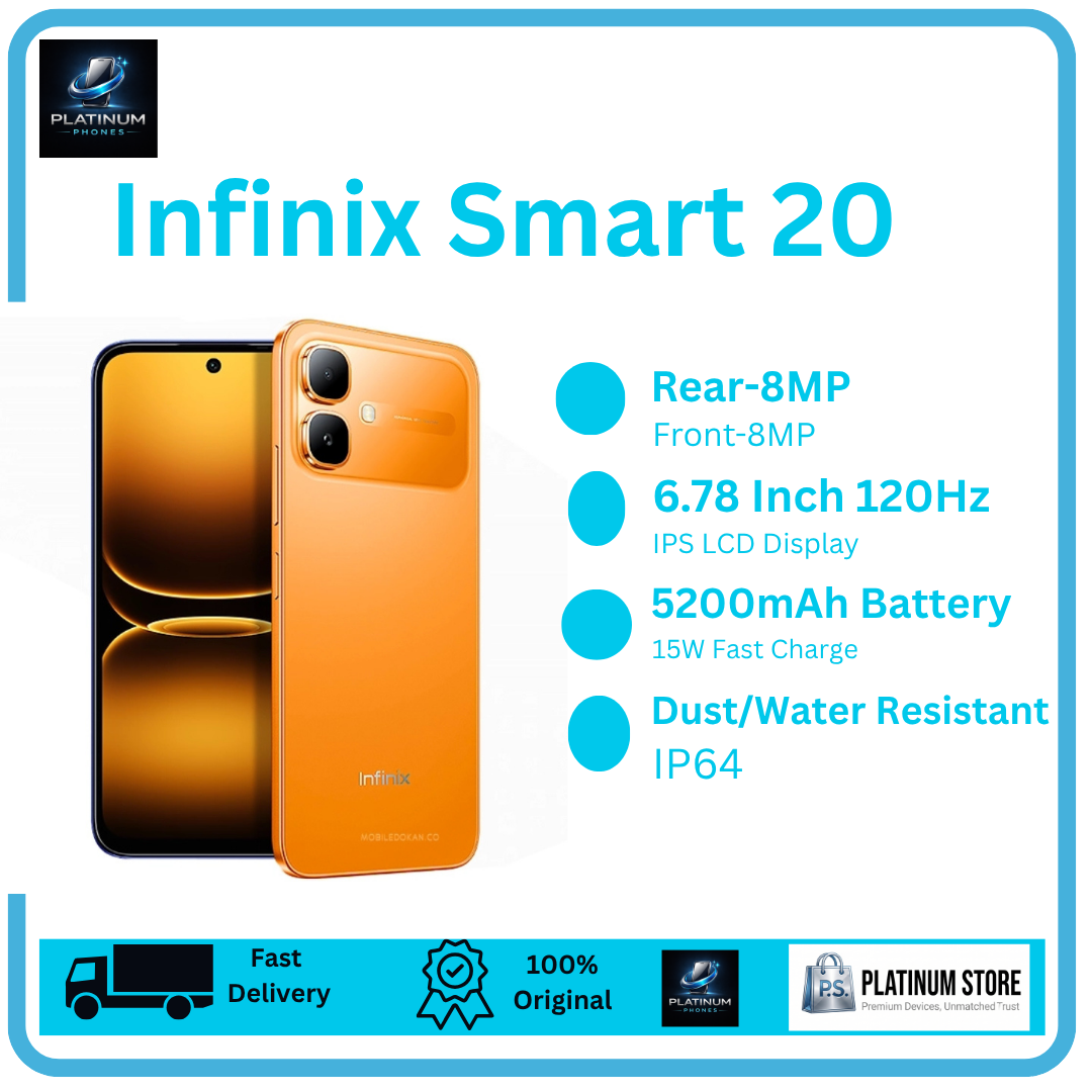 [Anniversary Offer] Infinix Smart 20 128GB+8(4+4)GB 6.78" IPS LCD 120Hz Display 8MP Camera 5200mAh Battery 15W Fast Charging Dual SIM IP64 Rated Fingerprint Unlock MTK Helio G81 Ultimate Smartphone