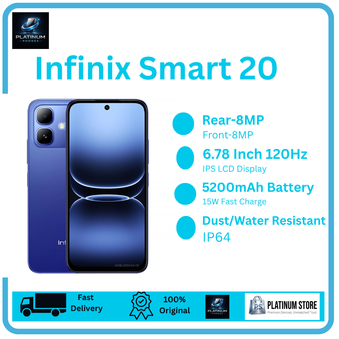[Anniversary Offer] Infinix Smart 20 128GB+8(4+4)GB 6.78" IPS LCD 120Hz Display 8MP Camera 5200mAh Battery 15W Fast Charging Dual SIM IP64 Rated Fingerprint Unlock MTK Helio G81 Ultimate Smartphone