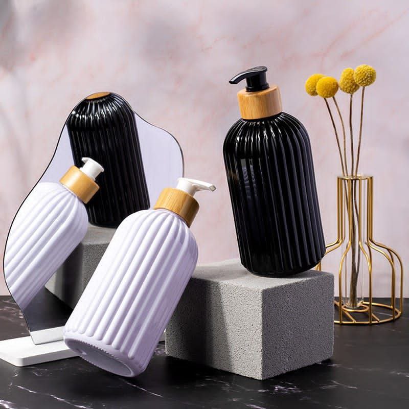 500ml Strip Soap Dispenser with Bamboo Pump Refillable Liquid Bottle Shampoo Conditioner Lotion Body Wash Container Bathroom Organizer Modern Minimalist Design (Black & White Options Available)