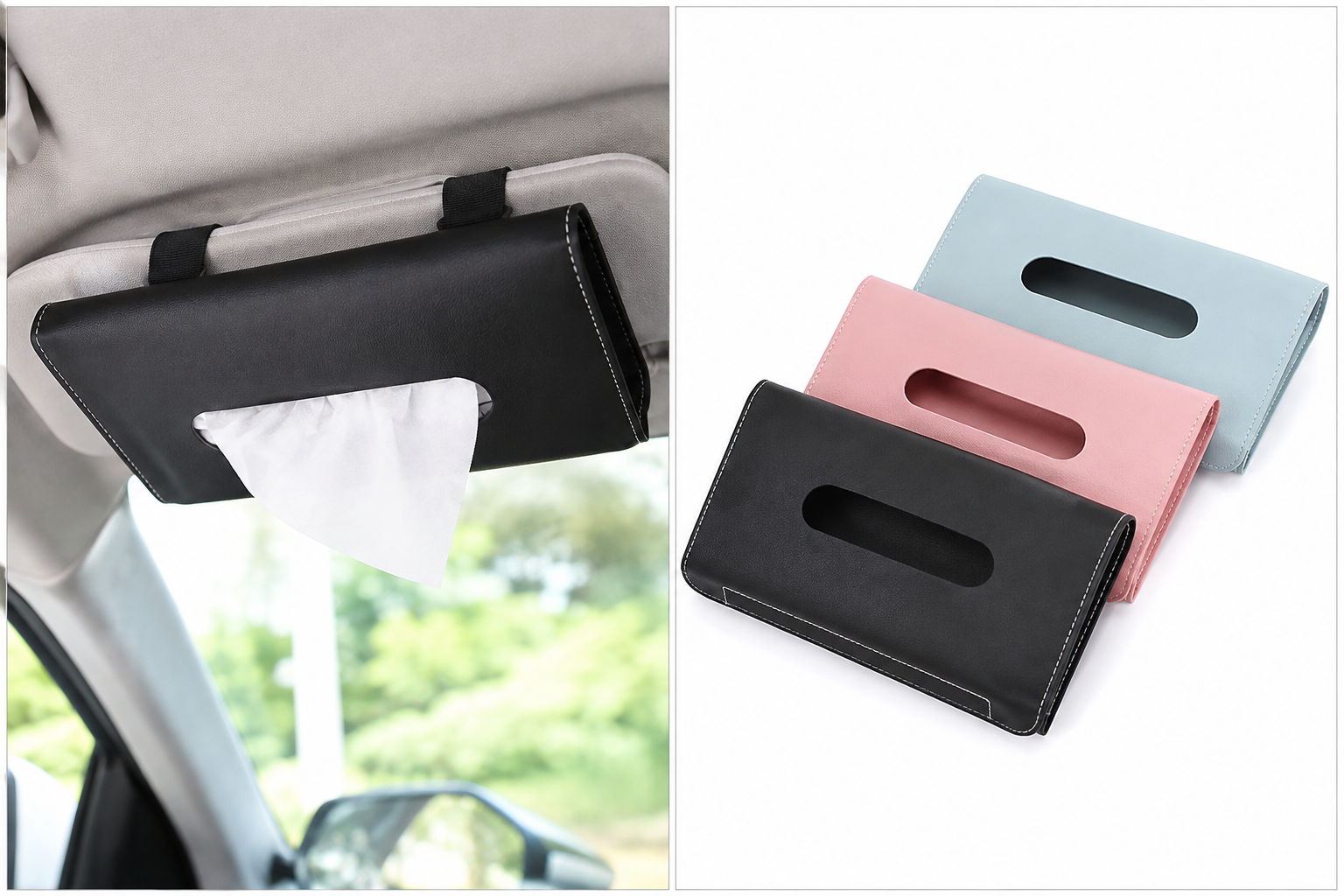 Premium Car Visor Tissue Box Holder – Slim PU Leather Tissue Dispenser with Elastic Straps for Sun Visor, Seat Back & Car Interior Organization