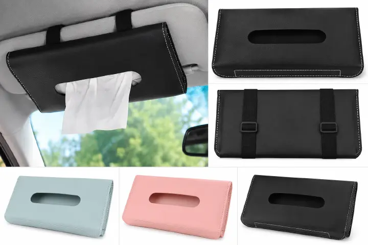 Premium Car Visor Tissue Box Holder – Slim PU Leather Tissue Dispenser with Elastic Straps for Sun Visor, Seat Back & Car Interior Organization