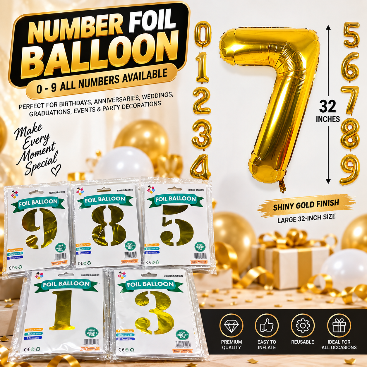 32-Inch Gold Number Foil Balloon 0–9 Large Metallic Numeral Birthday Balloon for Kids & Adults Birthday Parties, Anniversaries, Weddings, Graduations, Events and Party Decorations
