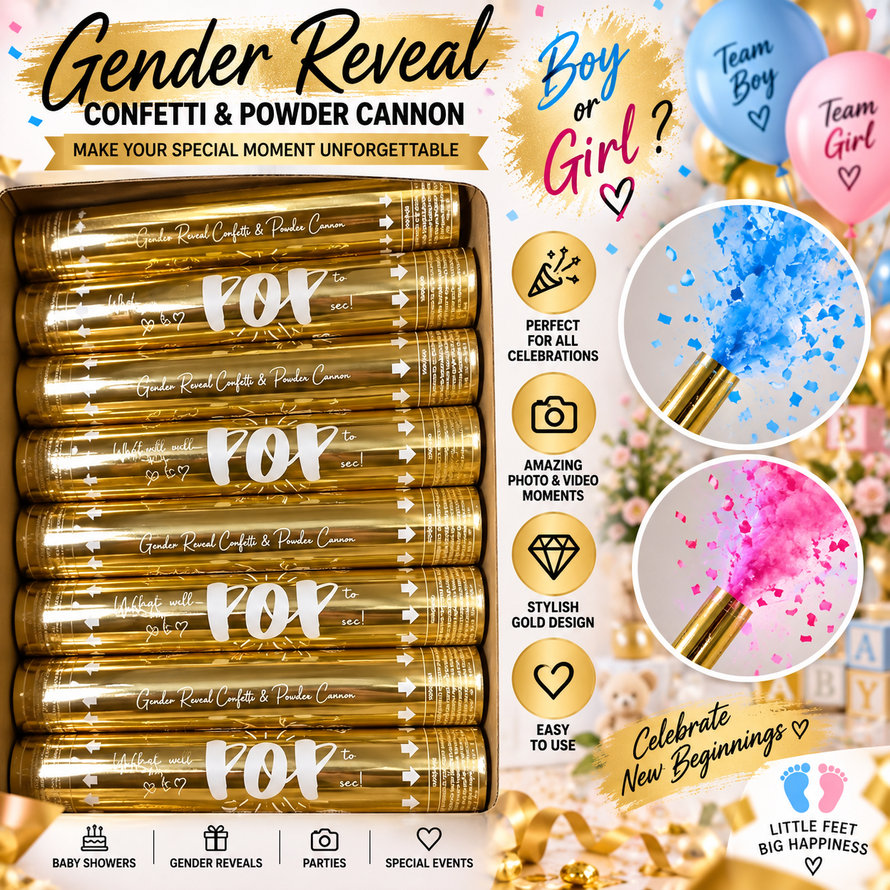 Gold Gender Reveal Confetti & Powder Cannon Party Popper – Surprise Baby Gender Announcement Launcher for Baby Shower, Reveal Party, Photoshoot and Celebration Events