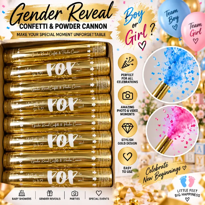 Gold Gender Reveal Confetti & Powder Cannon Party Popper – Surprise Baby Gender Announcement Launcher for Baby Shower, Reveal Party, Photoshoot and Celebration Events