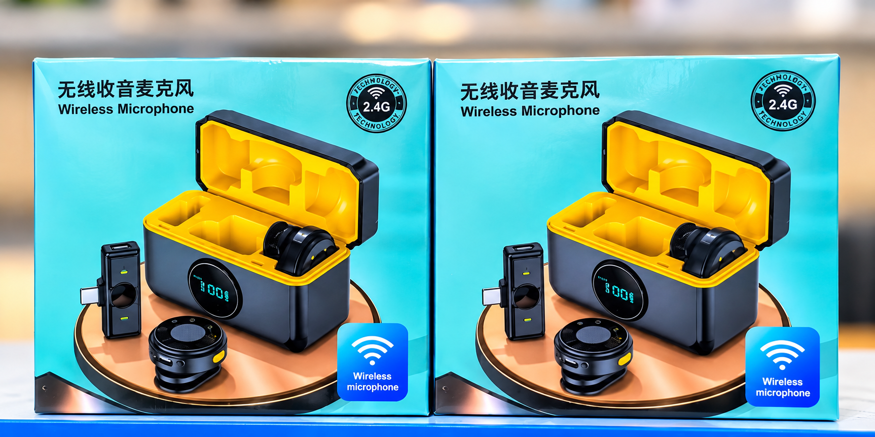Q8 Dual 2.4GHz Wireless Lavalier Microphone Set with 2 Round Mics, Receiver and Digital Charging Case