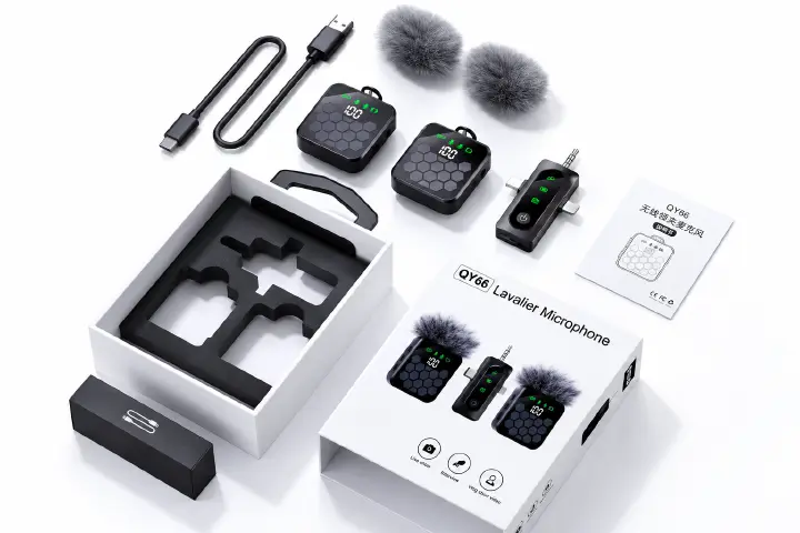 QY66 Dual Wireless Lavalier Microphone Kit with 2 Digital Display Mics, Multi-Connector Receiver and Charging Case