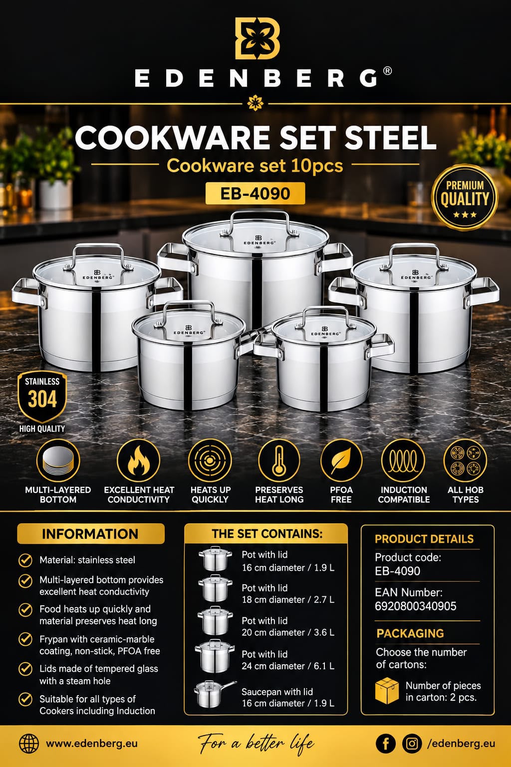 Edenberg 12-Piece Stainless-Steel Cookware Set with Glass Lids