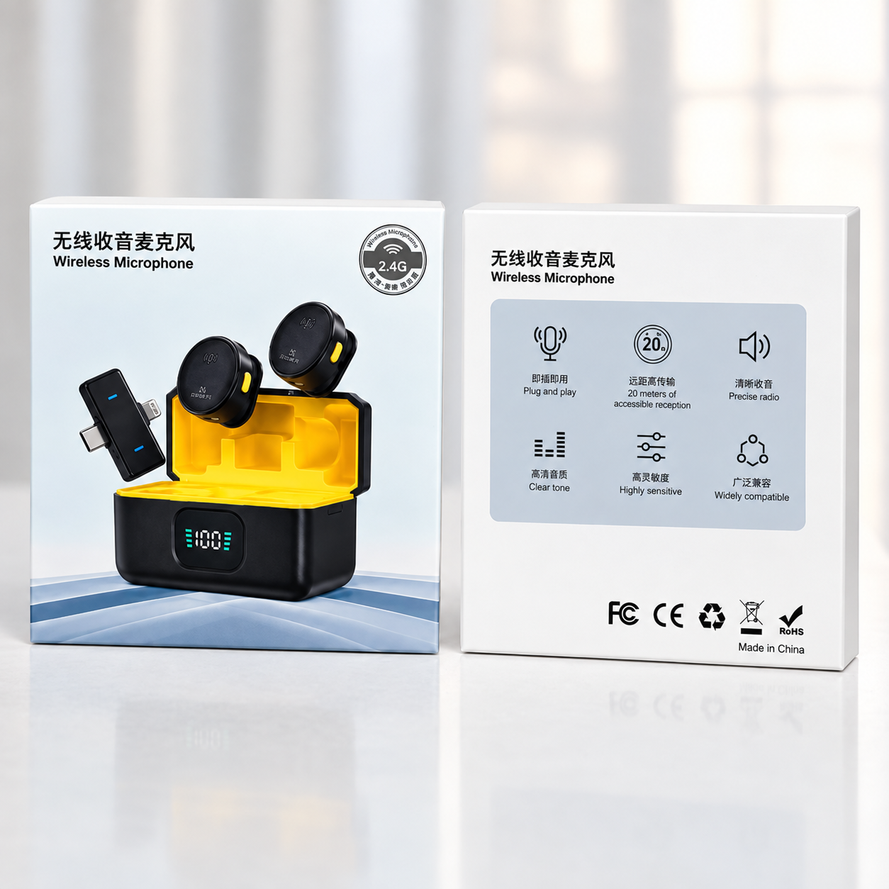 2.4GHz Dual Wireless Lavalier Microphone Set with 2 Round Clip-On Mics, Dual-Connector Receiver and Charging Case