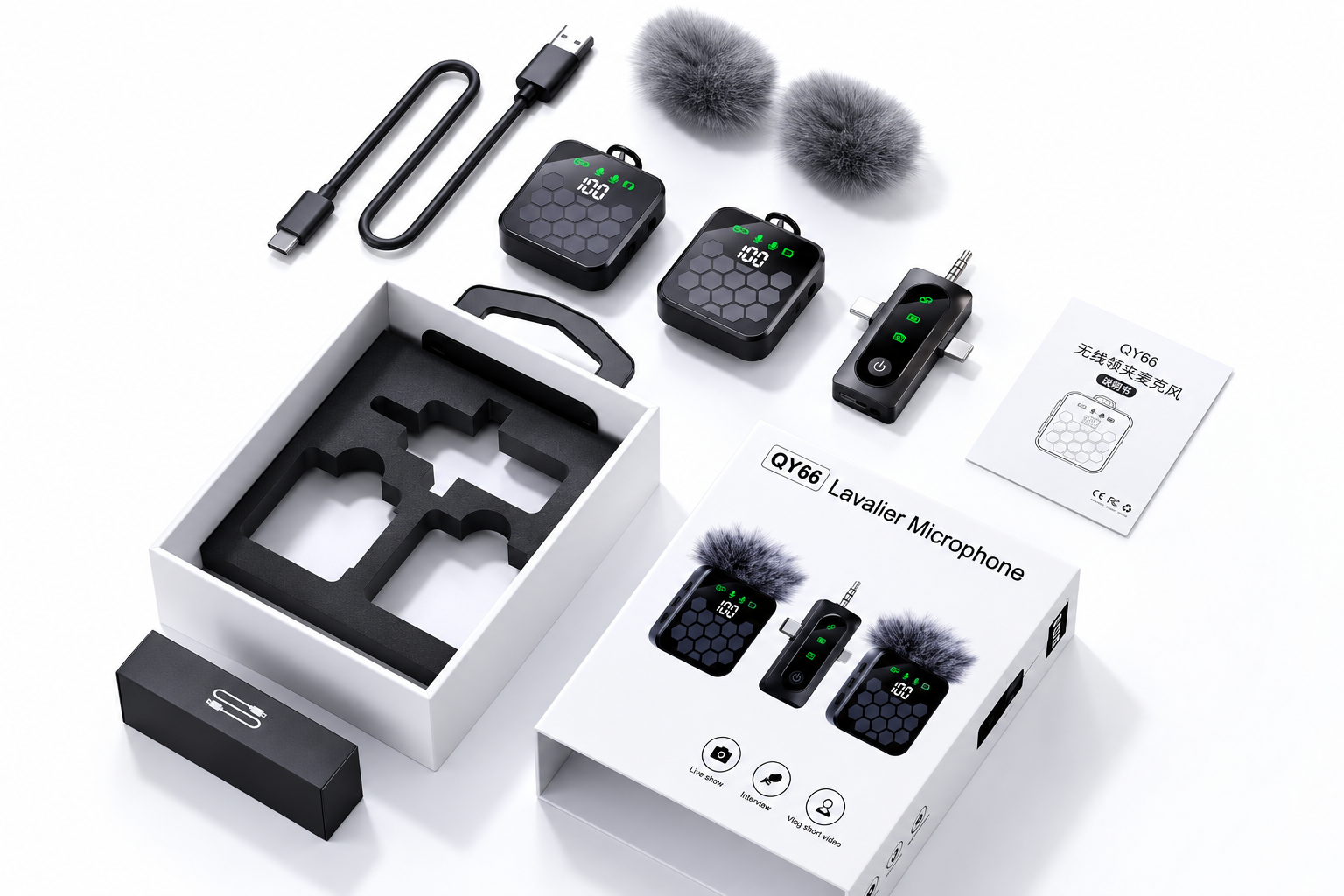 QY66 Dual Wireless Lavalier Microphone Kit with 2 Digital Display Mics, Multi-Connector Receiver and Charging Case