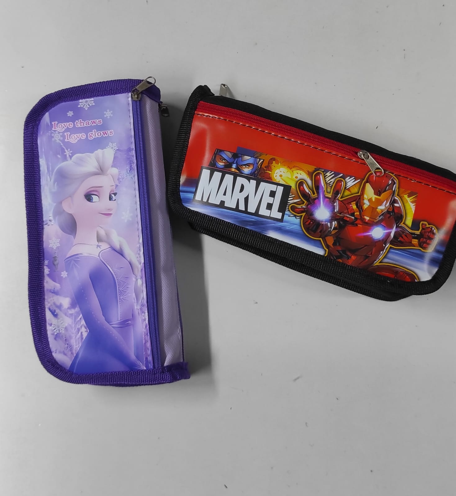 Cartoon themed Frozen Princess Elsa and Iron man Student Pencil pouch Case, Moulded Zip Closure Violet  Best Gift for back to school kids