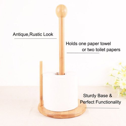 Bamboo Wood Tissue Holder Vertical Roll Pole Paper Towel Holder for Kitchen/Toilet Freestanding