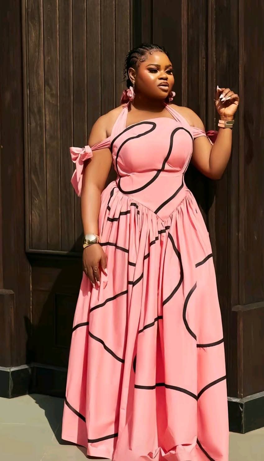 Women’s Plus Size Elegant Halter Maxi Dress – Abstract Print Flare Evening Gown