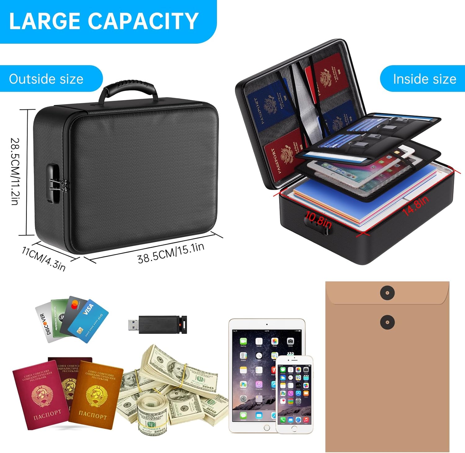 Fireproof Water Resistant Documents Organizer Storage Bag Portable Safe File Holder For Certificates Cash Passport And Important Documents