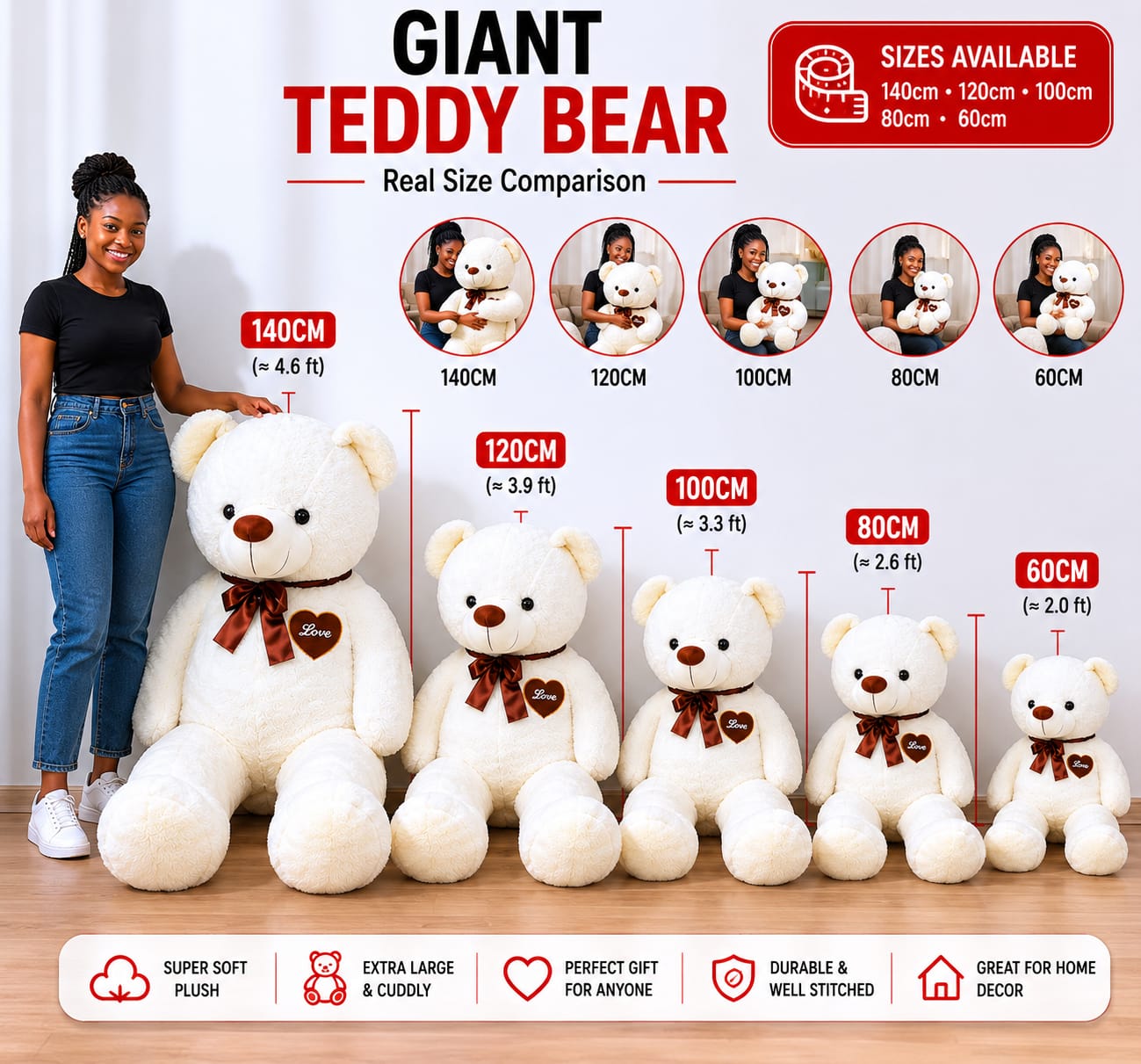 Giant Teddy Bear Plush Toy – Soft Hugging Doll Gift for Kids, Girls, Valentine’s & Birthday Surprise Home Decor Stuffed Animal