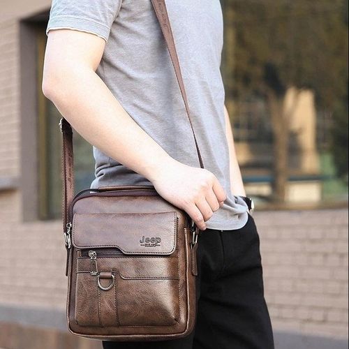 Jeep Dark Brown Leather Crossbody Shoulder Bag Business Messenger Bag For Men Travel Office Casual And Everyday Use