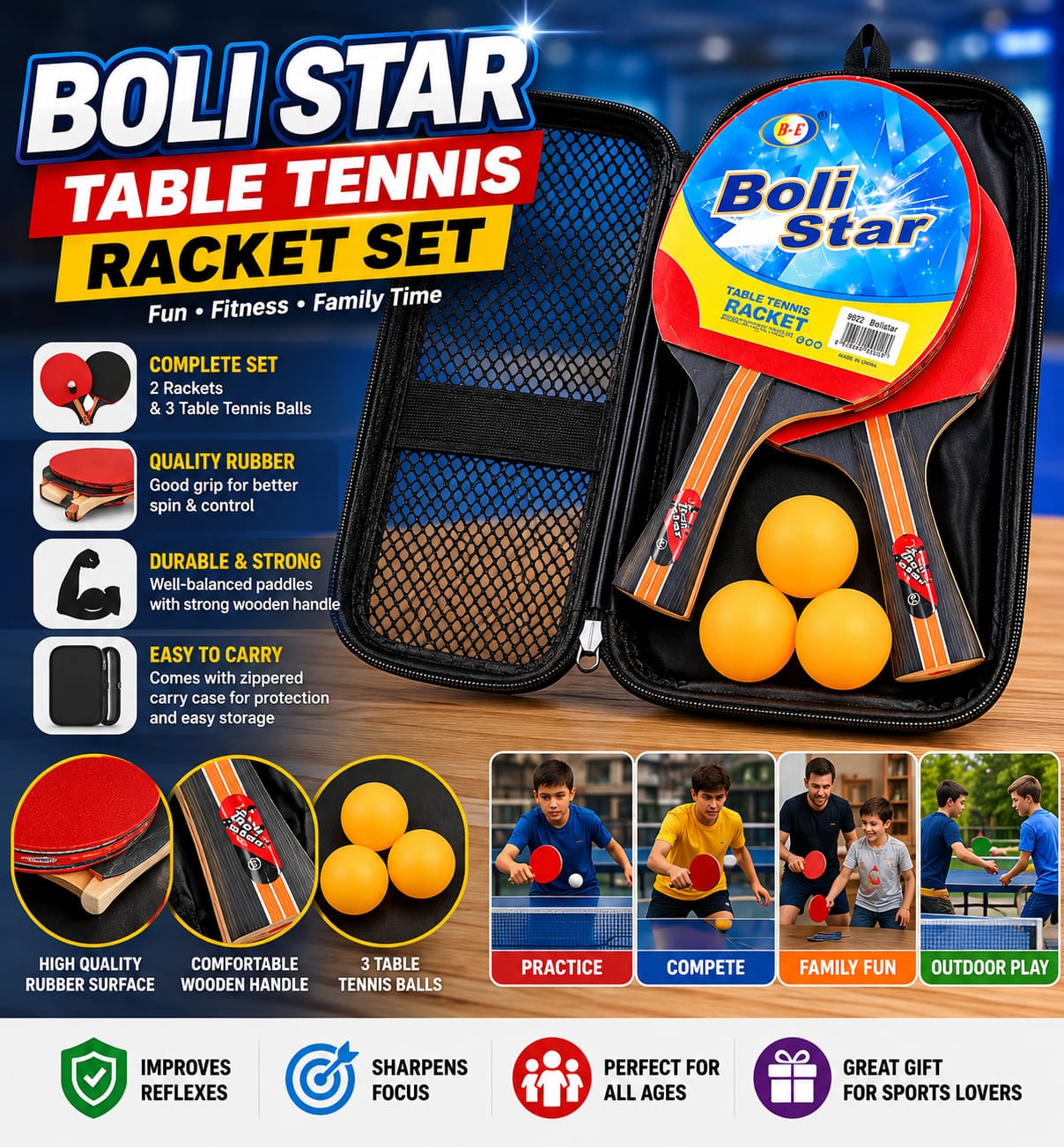 Table Tennis Racket Set Portable Ping Pong Kit With 2 Rackets 3 Balls And Zippered Carry Case For Indoor Outdoor Sports Play