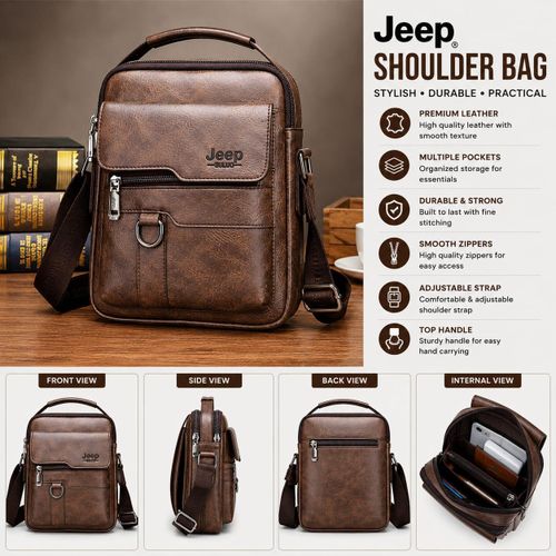 Jeep Dark Brown Leather Crossbody Shoulder Bag Business Messenger Bag For Men Travel Office Casual And Everyday Use