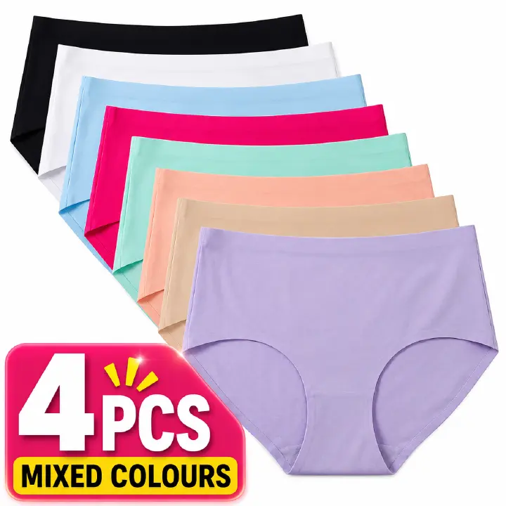 4 PCS Women Seamless Ice Silk Panties Mid Waist Soft Thin Light Briefs Ladies 100% Cotton Crotch Lingerie Breathable Invisible Quick Dry Stretch Underwear Comfy Daily Panties Mixed Colors