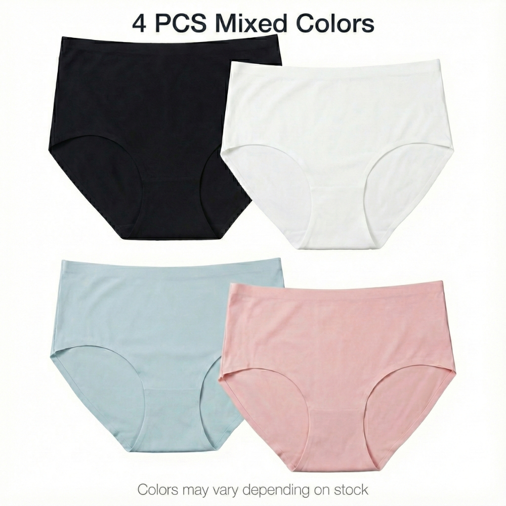 4 PCS Women Seamless Ice Silk Panties Mid Waist Soft Thin Light Briefs Ladies 100% Cotton Crotch Lingerie Breathable Invisible Quick Dry Stretch Underwear Comfy Daily Panties Mixed Colors