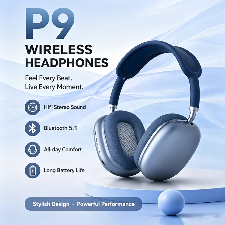 P9 Wireless Bluetooth Headphones Over-Ear HiFi Stereo Sound Foldable Sports Headset Noise Reduction Universal for iOS Android