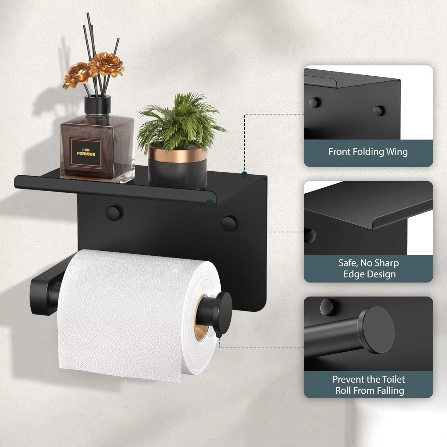 Adhesive Toilet Paper Holder Stainless Steel With Storage Shelf Toilet Paper Towel Holder Wall-mount Bathroom Storage Organizer