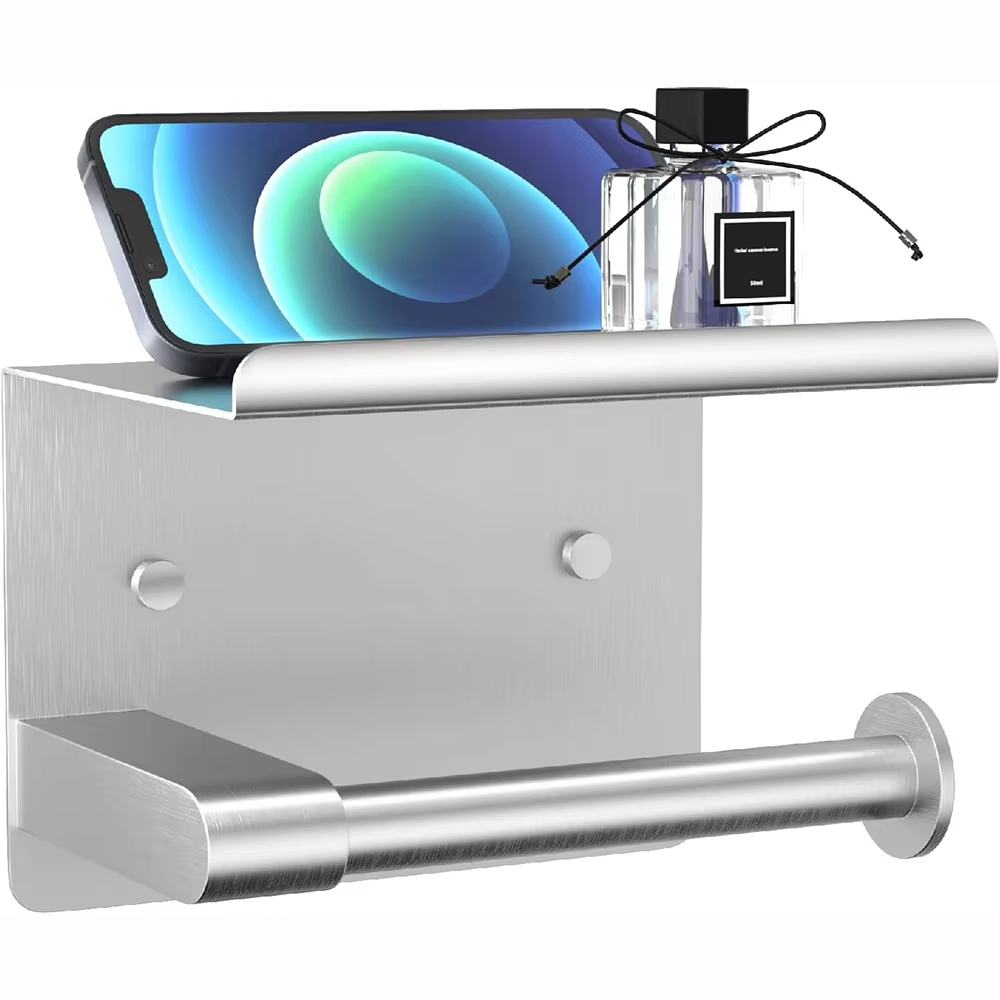 Adhesive Toilet Paper Holder Stainless Steel With Storage Shelf Toilet Paper Towel Holder Wall-mount Bathroom Storage Organizer