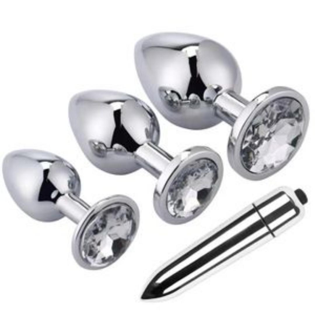 Crystal Anal Plug Set with T-Handle Stimulation Tool – 3 Sizes, Smooth Metal, Intimate Wellness Accessory