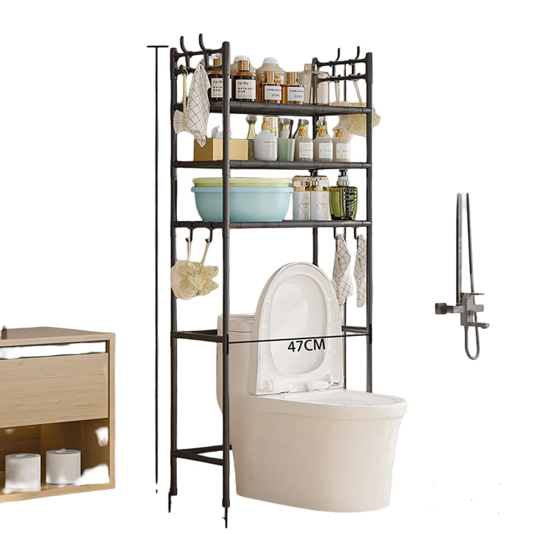 Nunix 3-Tier Over-the-Toilet Organizer 

💥 space-saving bathroom rack. It measures 160cm high, 47cm wide, and 25cm deep. 
💥The frame is made of painted iron with adjustable leveling feet and side ho