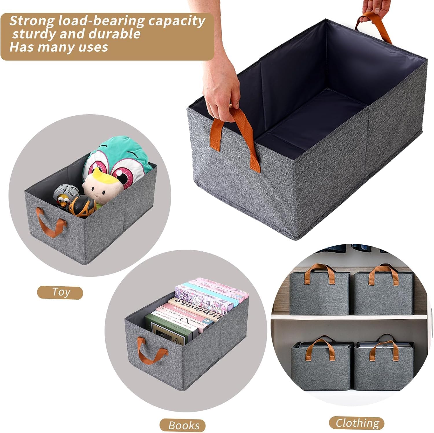 Closet Clothes Organizer unpartitioned with Handle and Steel Frame, one compartment Stackable Shelf Storage Baskets Foldable Wardrobe Storage Box for Clothes ,Toys,and books