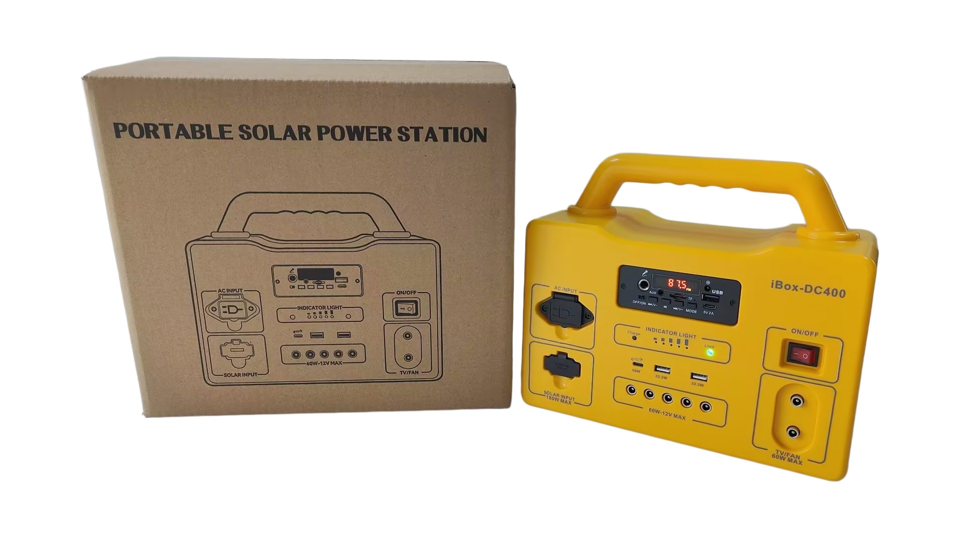 384Wh Portable Power Station, 10 Ports, 5-in-1 Multi Adapter, Built-in Music Player Bluetooth FM, Fast Solar Charge, Off-Grid Camping Emergency Power Generator