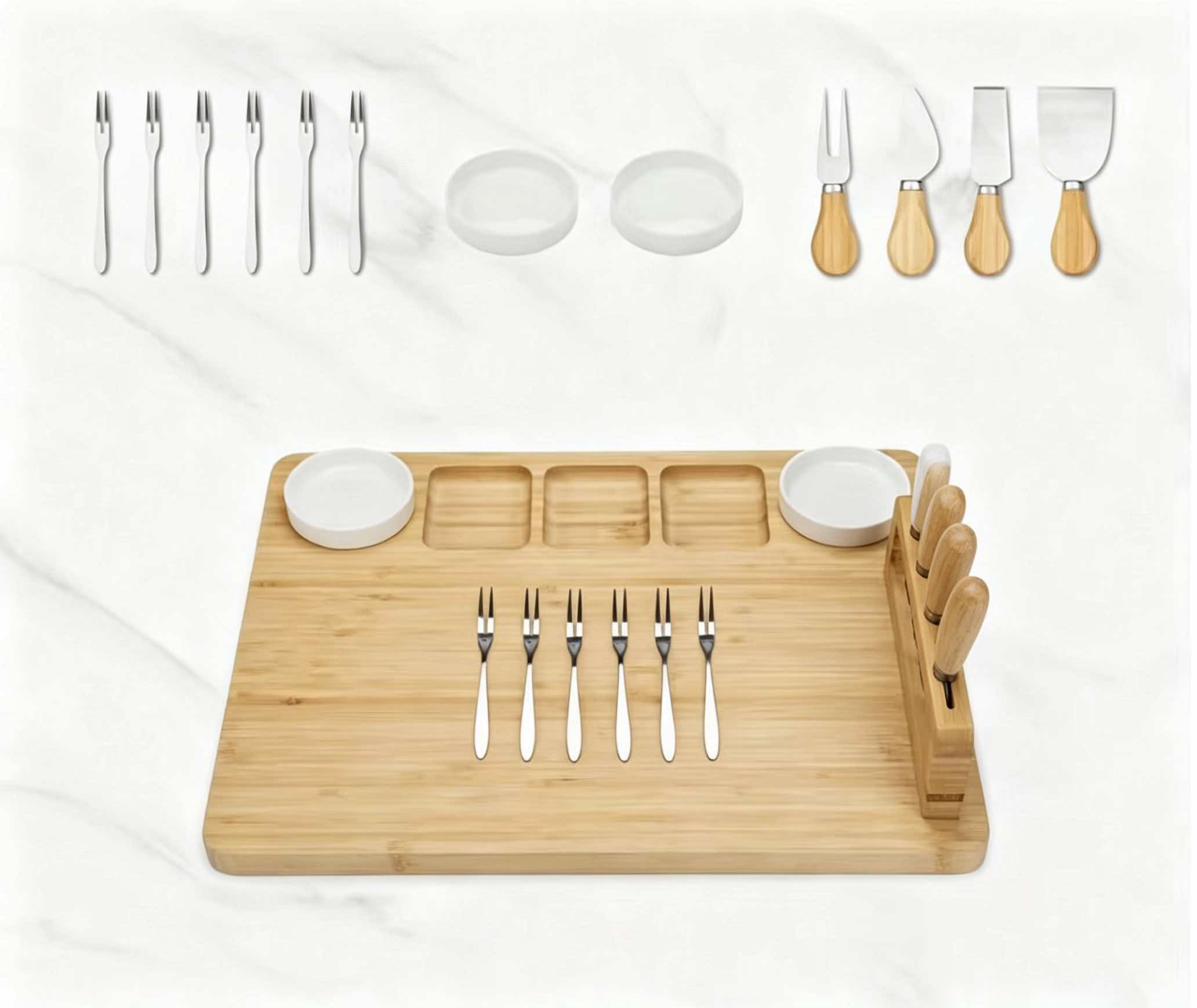 Bamboo Cheese Board Set With Magnetic Knife Holder, Knives & Fruit Forks, Household Antibacterial Wooden Cutting‑Board