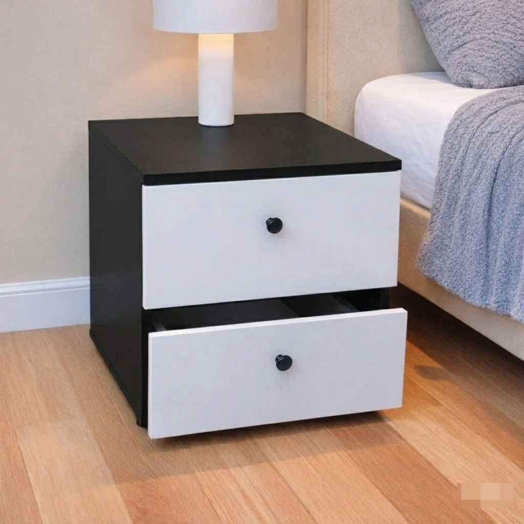 Julz White 2-Drawer Bedside Table with Black Handles – Modern Minimalist Nightstand for Bedroom Storage